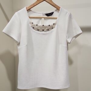 Beaded Embellished White Short-Sleeve Top